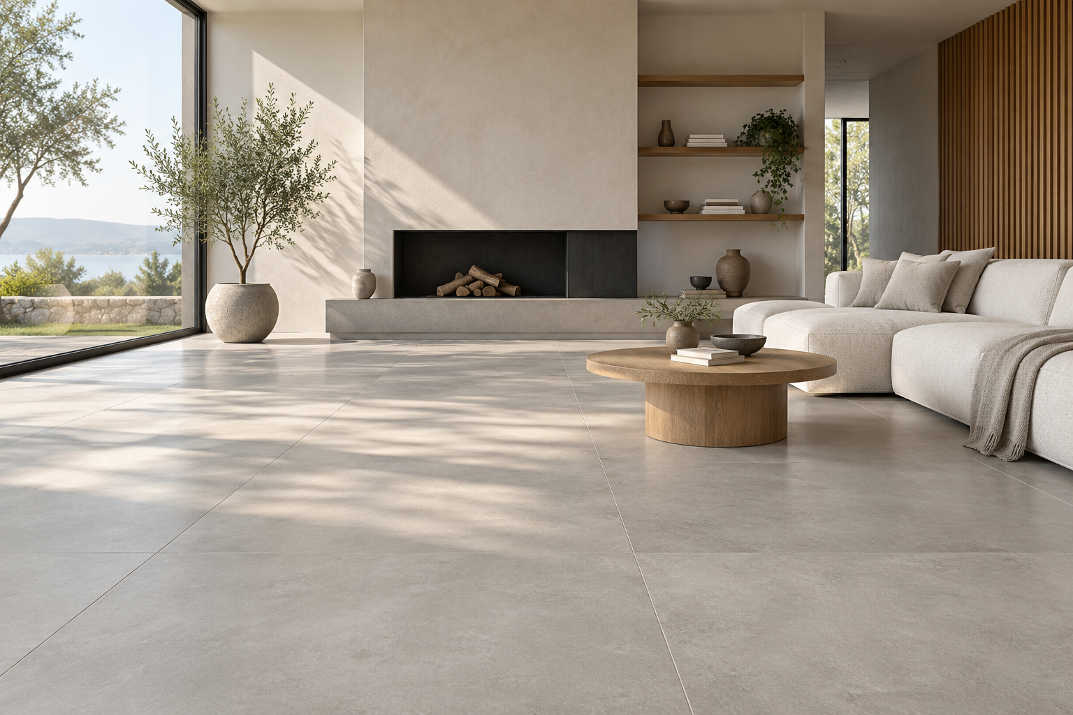 Wohnraum-Inspiration mit hellgrauen Bodenfliesen, heller Einrichtung und Holzdetails
